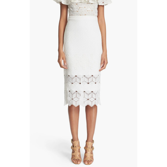 REBECCA TAYLOR Dia High Waist Midi White Lace Pencil Skirt